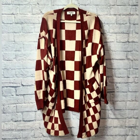 Haptics Sweaters - Burgundy and Cream Checkered Cardigan